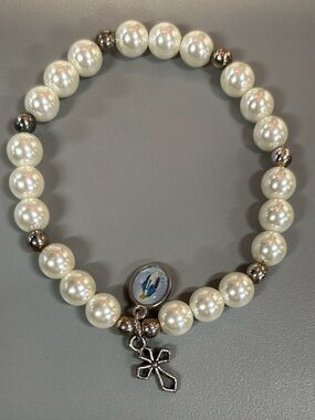Handmade Faux Pearl Bead Bracelet with Sterling Silver Charm